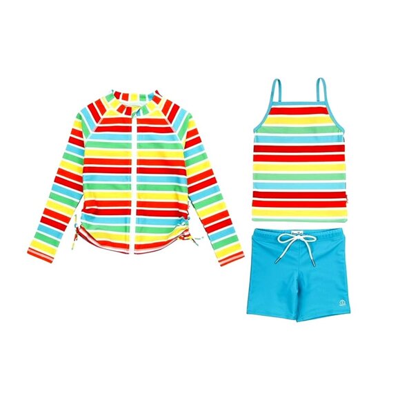 SwimZip Girls' Long Sleeve Rash Guard + Tankini Shorts Set | Rainbow | Stripes - Picture 1 of 13